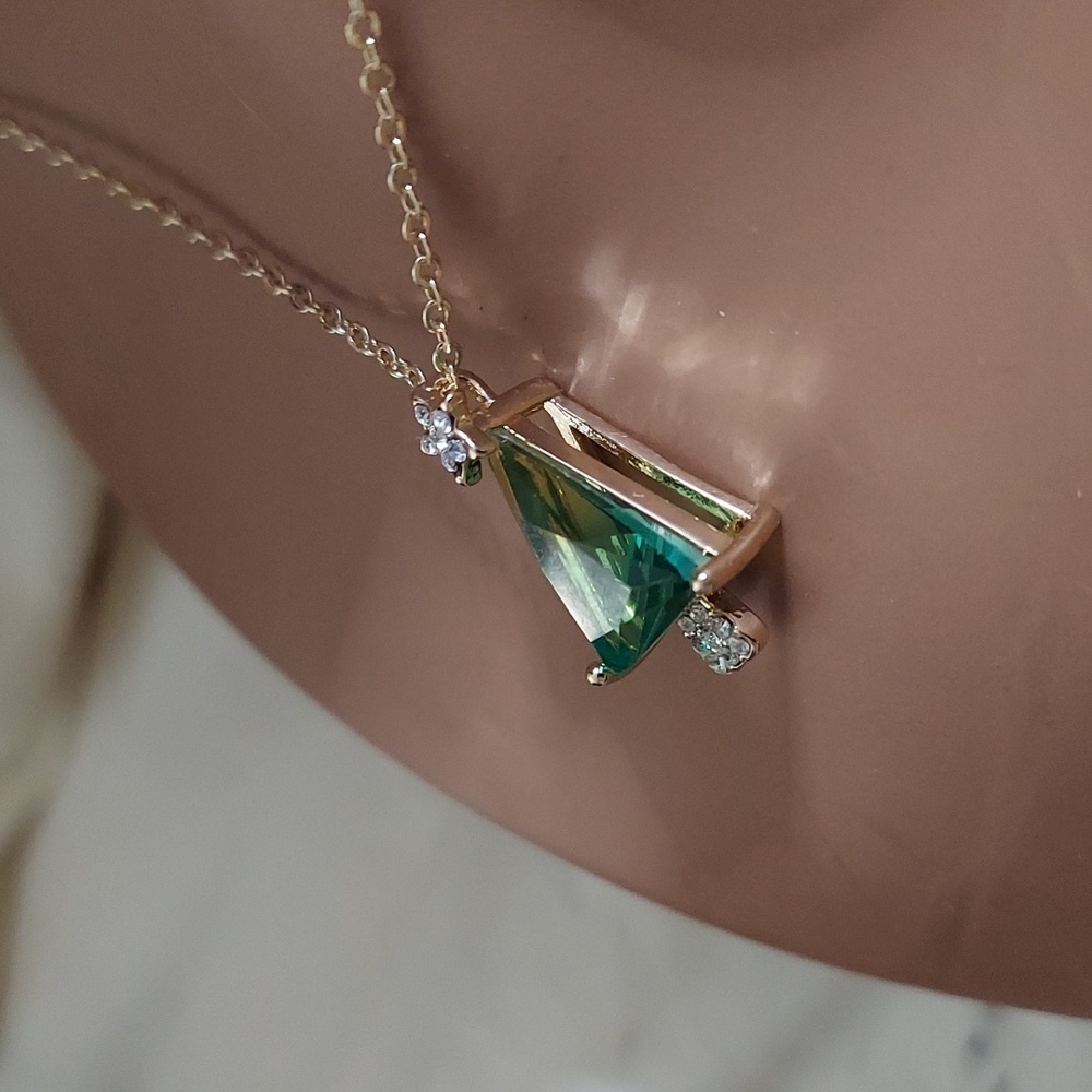 Watermelon Tourmaline CZ Triangle Tree Gold Pendant - Picture 11 of 12